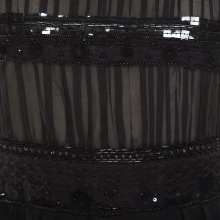 مملوكة مسبقًا RED Valentino Black Tulle Embellished Sheer Yoke Detail Plisse Tiered Dress S