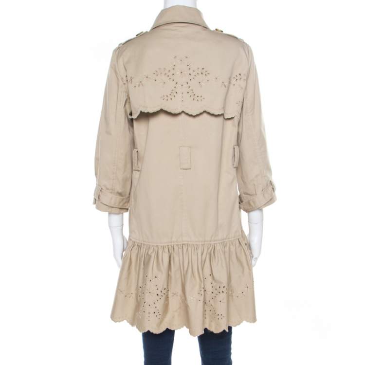Pre Owned Red Valentino Beige Cotton Eyelet Embroidered Ruffled Double Breasted Coat M