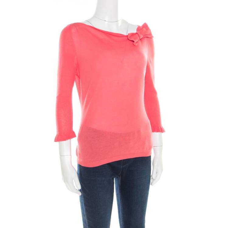 Pre Owned RED Valentino Pink Knit Bow Detail Long Sleeve Top M