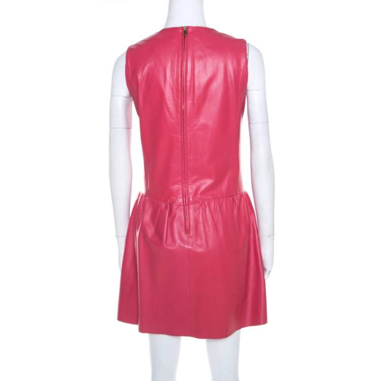 Pre Owned Red Valentino Pink Lambskin Leather Floral Applique Sleeveless Dress M