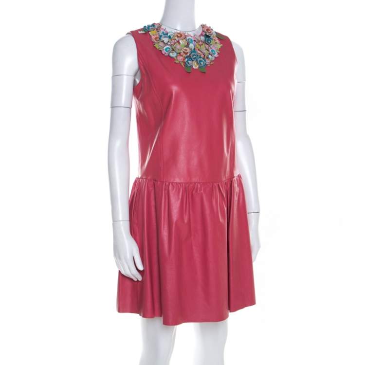 Pre Owned Red Valentino Pink Lambskin Leather Floral Applique Sleeveless Dress M