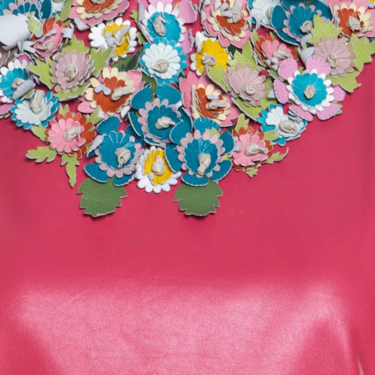 Pre Owned Red Valentino Pink Lambskin Leather Floral Applique Sleeveless Dress M