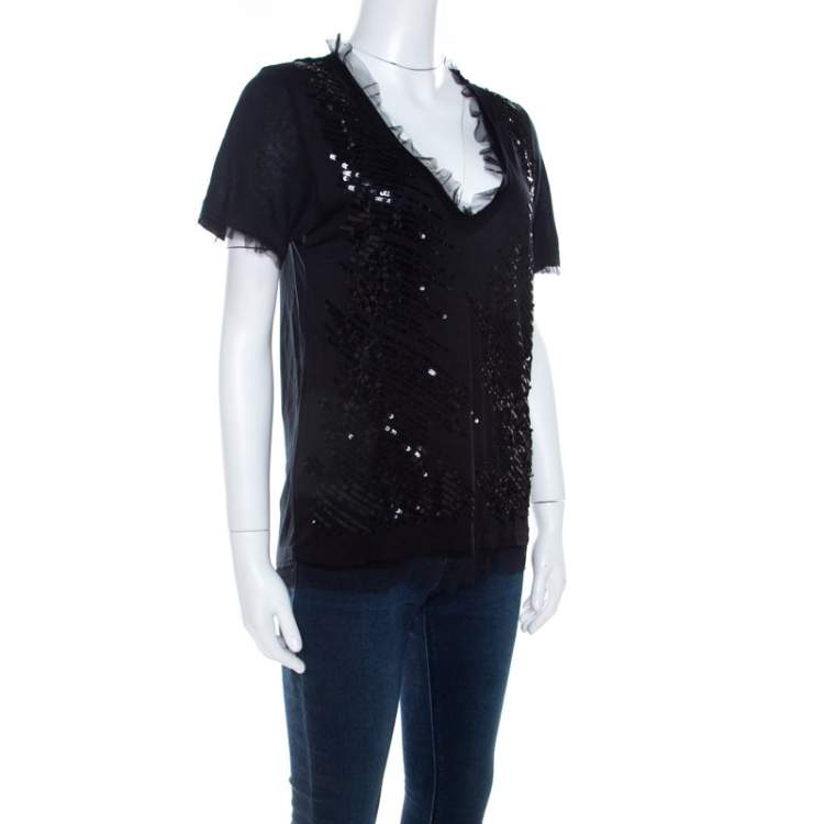 Pre Owned RED Valentino Black Knit Sequined Lace Trim V Neck Top S