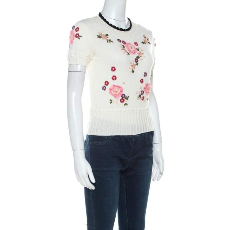 Pre Owned RED Valentino Cream Floral Applique Cotton Knit Top S