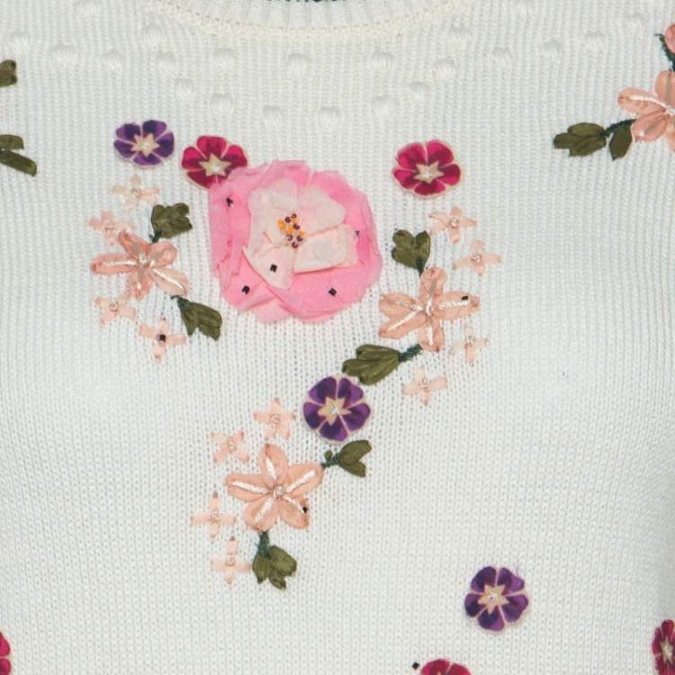 Pre Owned RED Valentino Cream Floral Applique Cotton Knit Top S