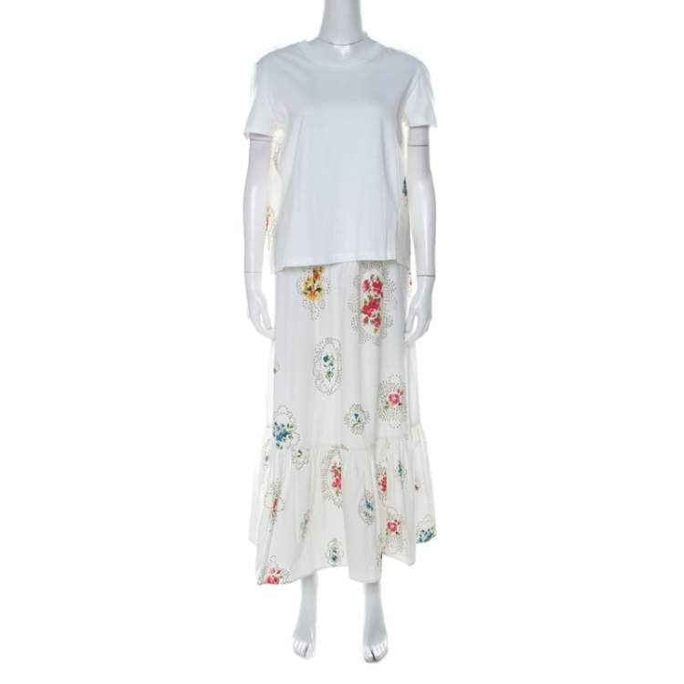 Pre Owned RED Valentino White Floral and Cross Stitch Print Cotton Gathered Skirt Set M
