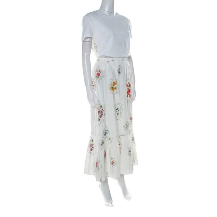 Pre Owned RED Valentino White Floral and Cross Stitch Print Cotton Gathered Skirt Set M