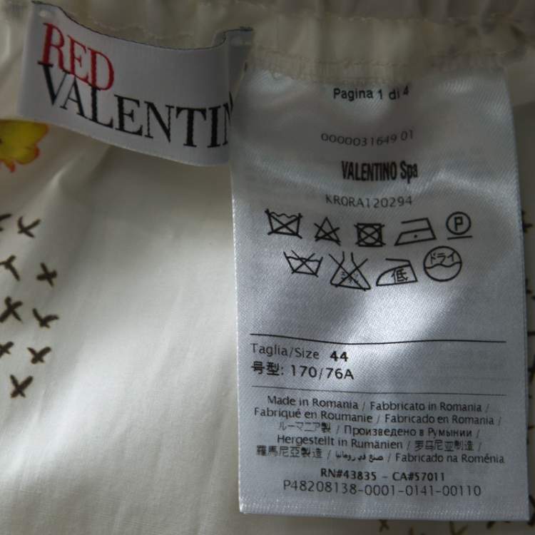 Pre Owned RED Valentino White Floral and Cross Stitch Print Cotton Gathered Skirt Set M