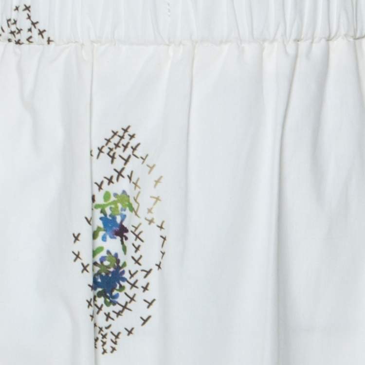 Pre Owned RED Valentino White Floral and Cross Stitch Print Cotton Gathered Skirt Set M
