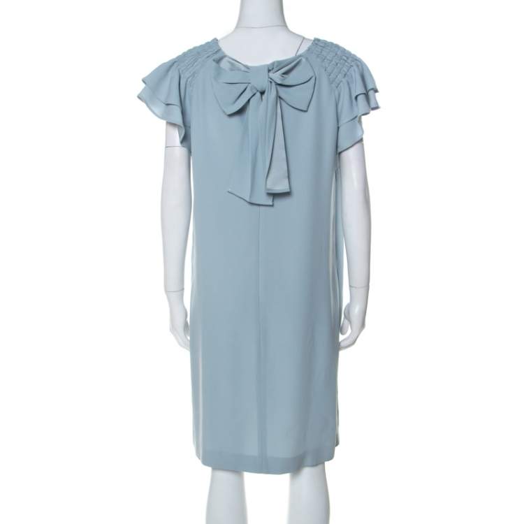 Pre Owned Red Valentino Pale Blue Crepe Ruffled Sleeve Shift Dress L