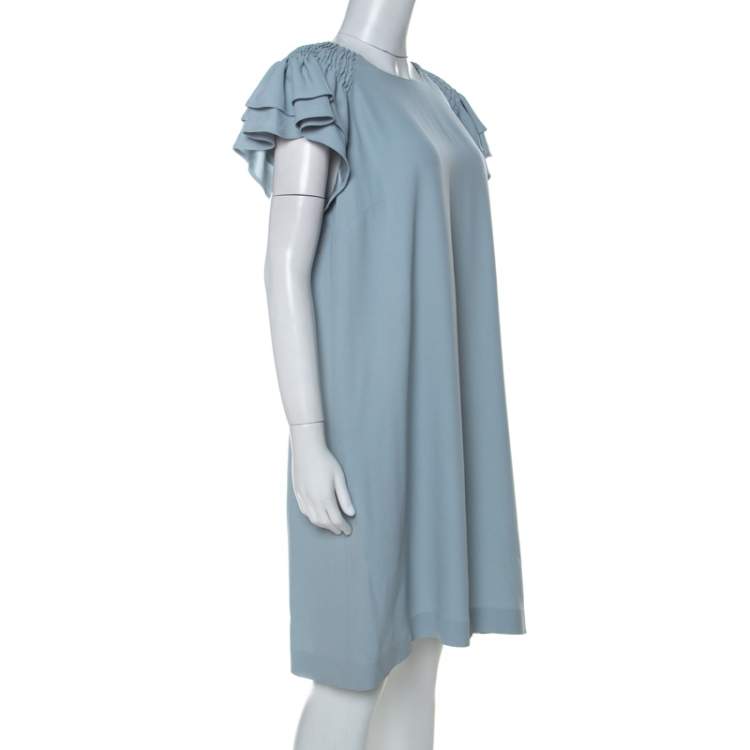Pre Owned Red Valentino Pale Blue Crepe Ruffled Sleeve Shift Dress L