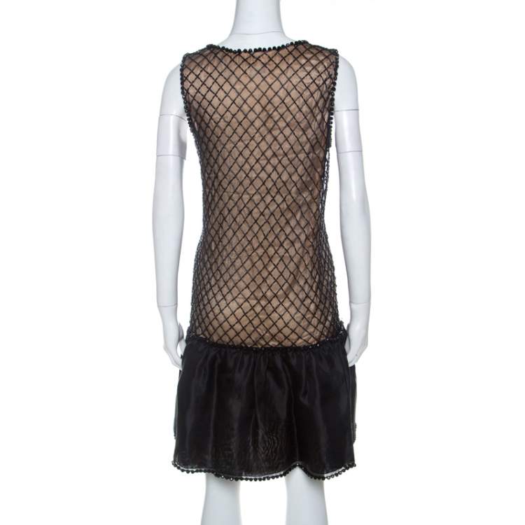 Pre Owned Red Valentino Black Beaded Lace and Silk Ruffle Detail Short Dress L 
