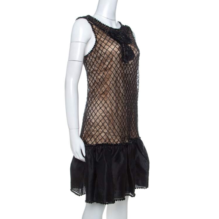 Pre Owned Red Valentino Black Beaded Lace and Silk Ruffle Detail Short Dress L 