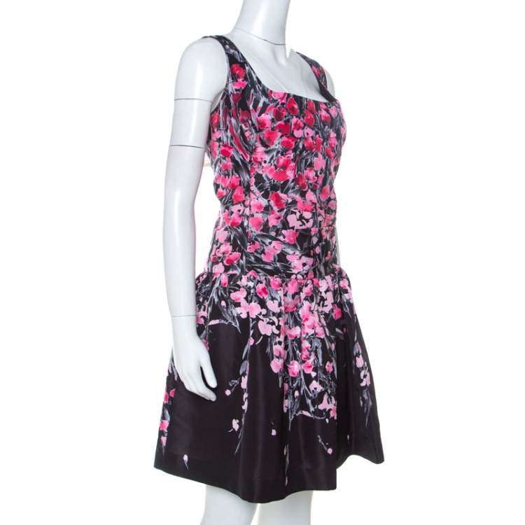 Pre Owned RED Valentino Black Floral Print Taffeta Pleated Waist Short Dress L