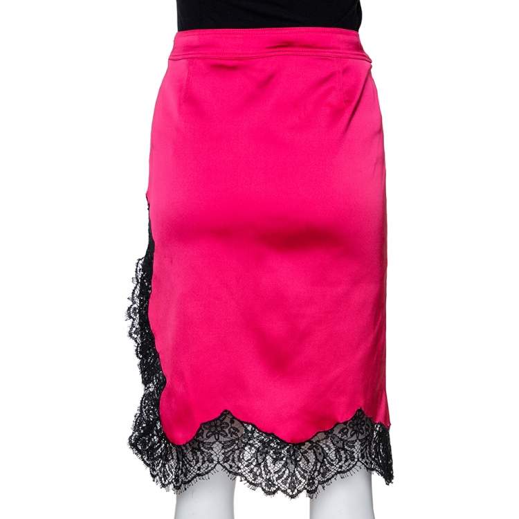 Pre Owned RED Valentino Pink Satin Scalloped Lace Trim Skirt M