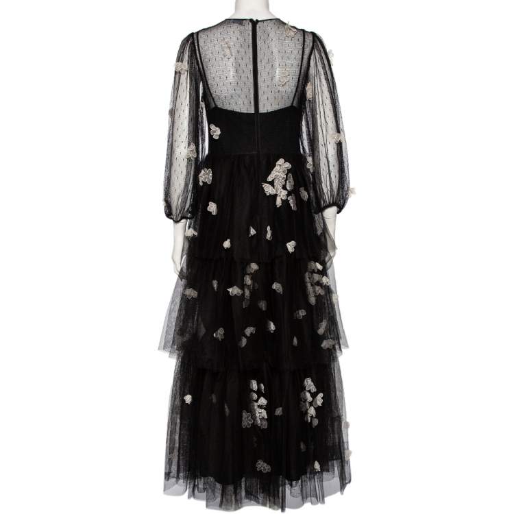 مملوكة مسبقًا RED Valentino Black Tulle Floral Applique Detail Tiered Point D'esprit Gown M