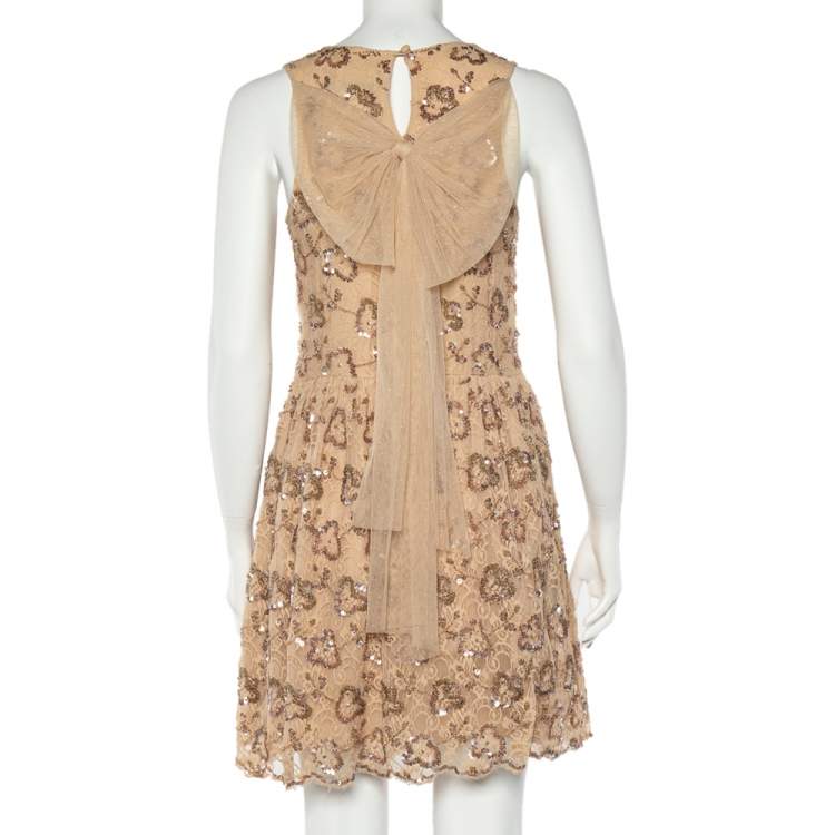 Pre Owned RED Valentino Beige Embellished Lace Bow Detail Mini Dress L