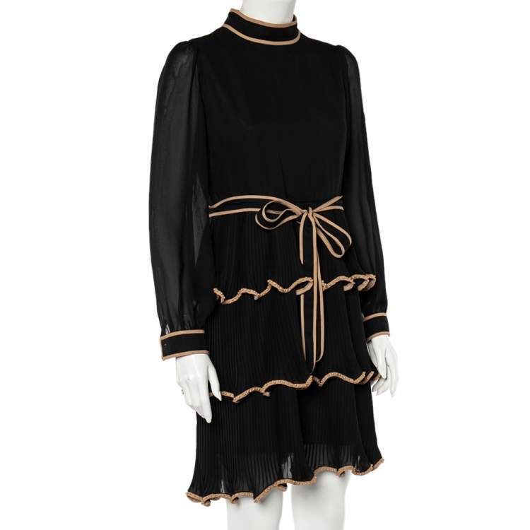 Pre Owned Red Valentino Black Crepe Bead Detail Tiered Dress L