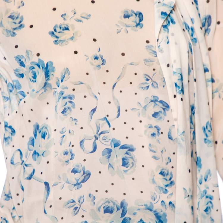 Pre Owned RED Valentino Ivory Floral & Polka Dot Printed Silk Tie-Neck Detail Blouse M