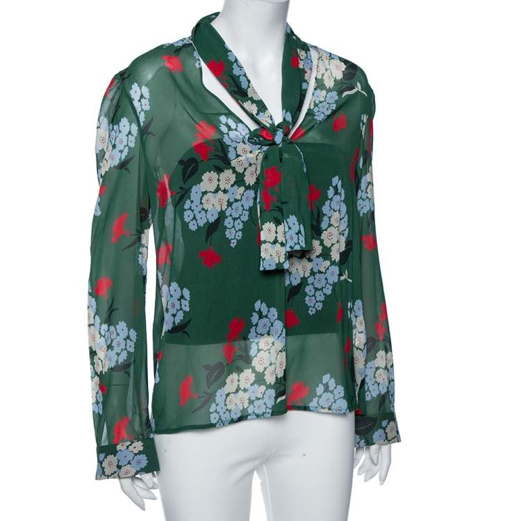 Pre Owned RED Valentino Green Floral Print Silk Tie-Neck Detail Blouse L
