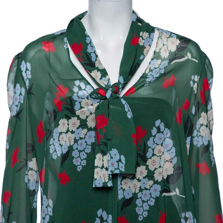 Pre Owned RED Valentino Green Floral Print Silk Tie-Neck Detail Blouse L
