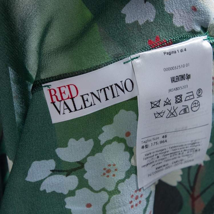 Pre Owned RED Valentino Green Floral Print Silk Tie-Neck Detail Blouse L