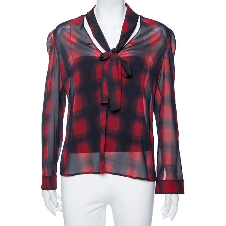 Pre Owned RED Valentino Navy Blue Plaid Print Silk Tie-Neck Detail Blouse M