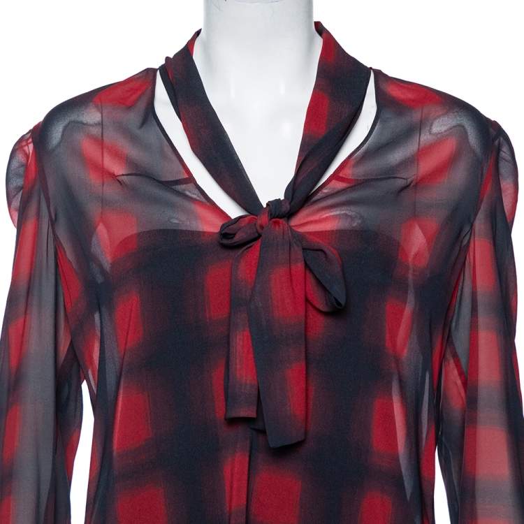 Pre Owned RED Valentino Navy Blue Plaid Print Silk Tie-Neck Detail Blouse M