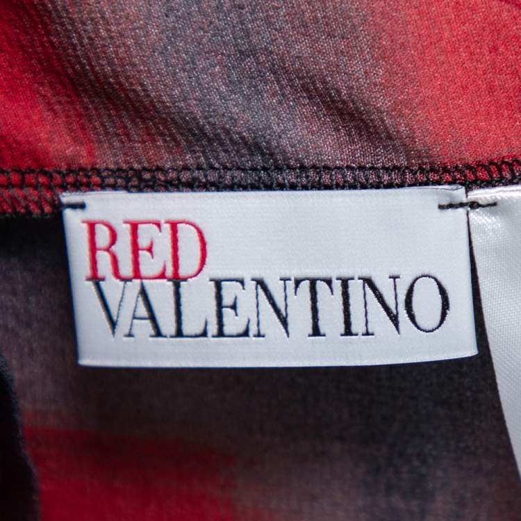 Pre Owned RED Valentino Navy Blue Plaid Print Silk Tie-Neck Detail Blouse M