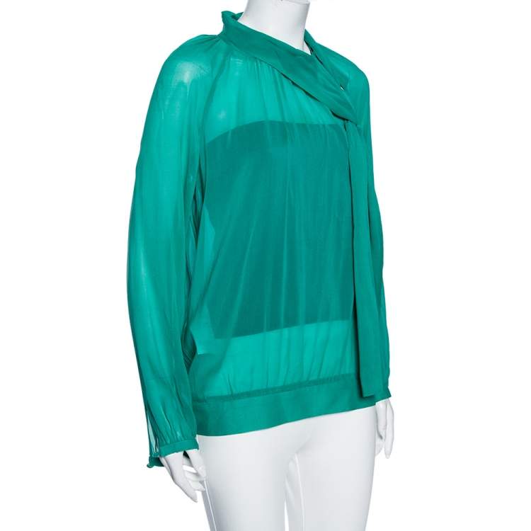 Pre Owned RED Valentino Teal Silk Topstitch Pleated Shoulder Detail Blouse M