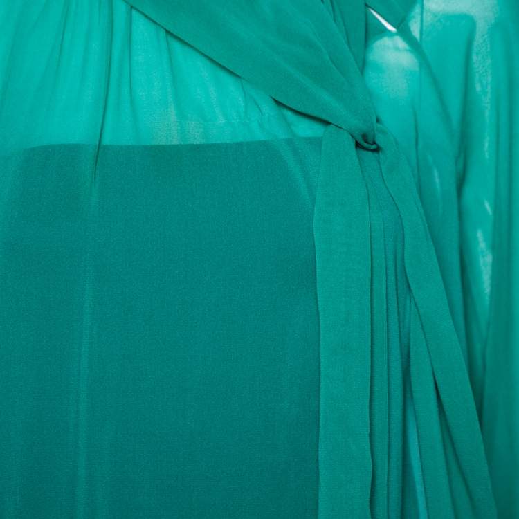 Pre Owned RED Valentino Teal Silk Topstitch Pleated Shoulder Detail Blouse M