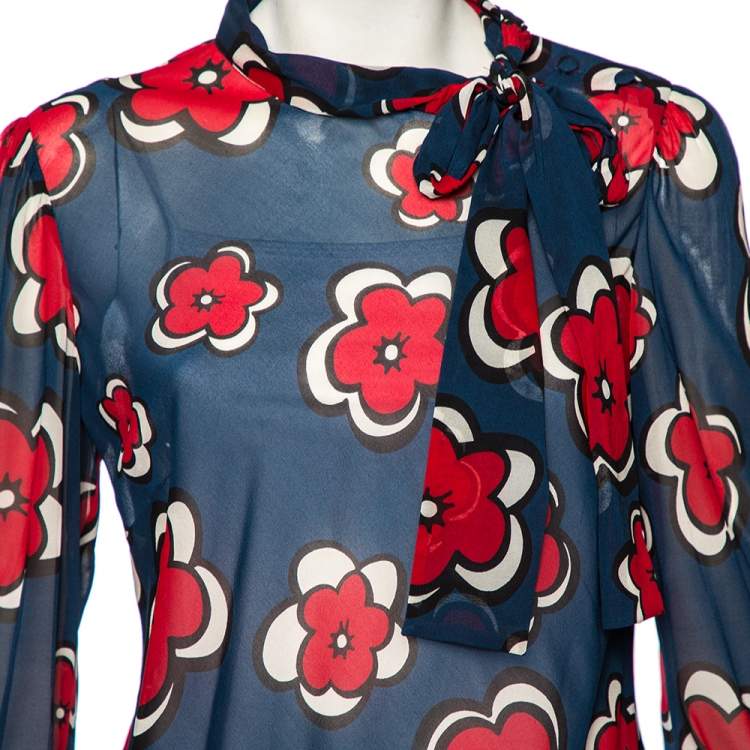 Pre Owned RED Valentino Navy Blue Floral Printed Silk Buttoned Shoulder Detail Blouse L