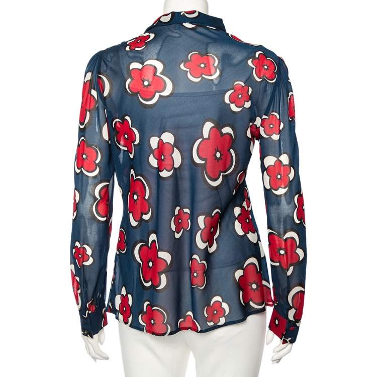 Pre Owned RED Valentino Navy Blue Floral Printed Silk Buttoned Shoulder Detail Blouse L