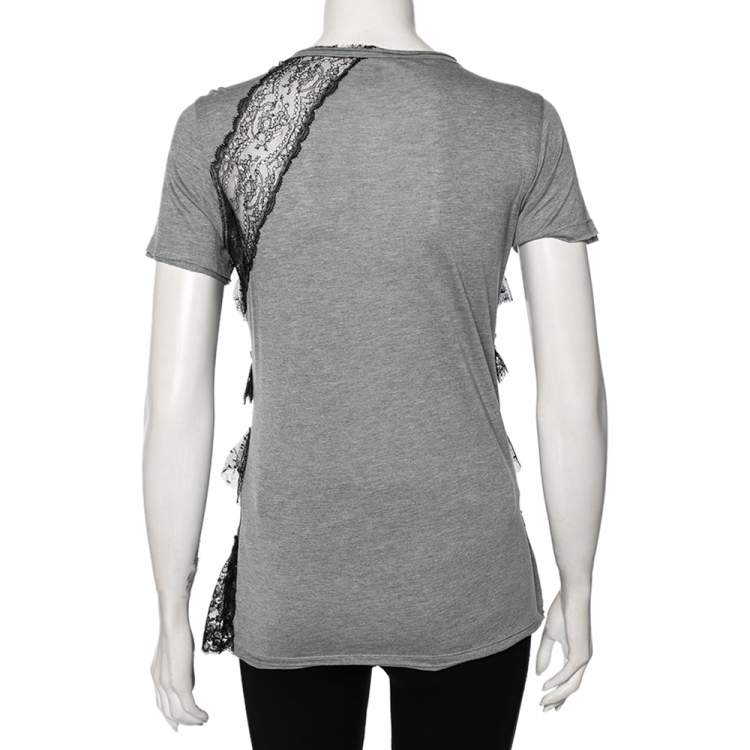 Pre Owned Red Valentino Grey Ruffled Lace and Jersey Short Sleeve T Shirt M