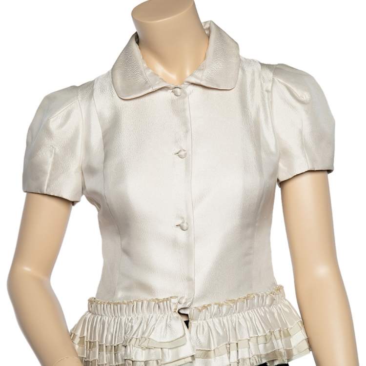 Pre Owned RED Valentino Cream Textured Ruffled Hem Collared Jacket M