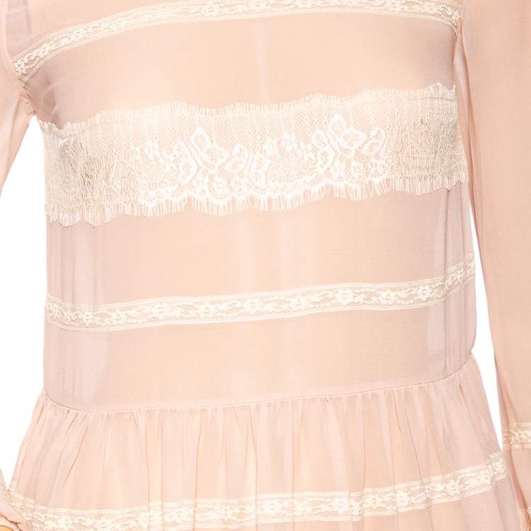 Pre Owned RED Valentino Dusky Pink Chiffon And Lace Trimmed Gathered Waist Detailed Dress S