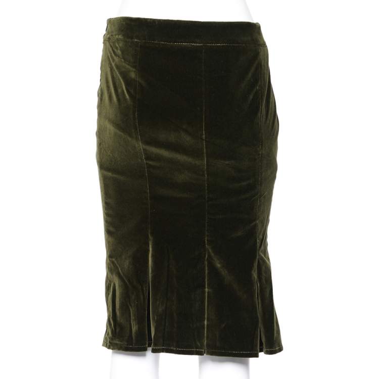 مملوكة مسبقًا RED Valentino Green Velvet Pleated Hem Detail Skirt M