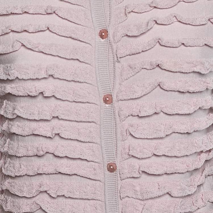 Pre Owned RED Valentino Pink Knit Ruffle Trimmed Button Front Fitted Cardigan L