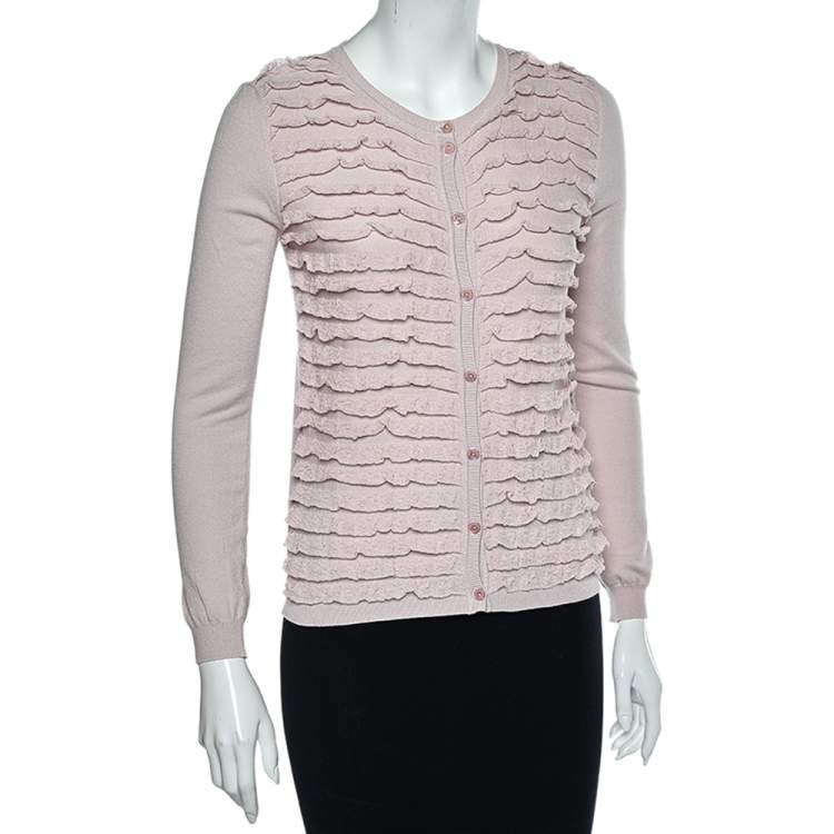 Pre Owned RED Valentino Pink Knit Ruffle Trimmed Button Front Fitted Cardigan L