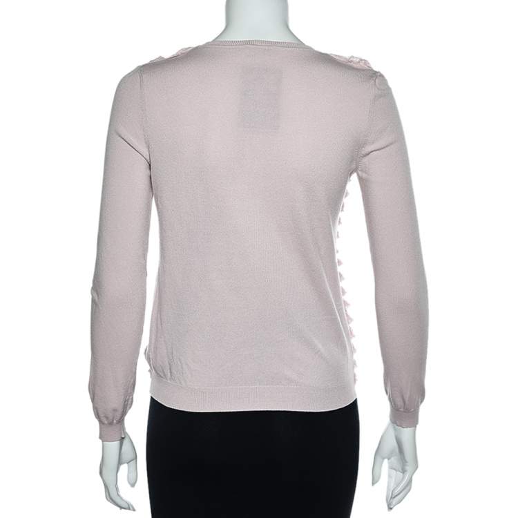 Pre Owned RED Valentino Pink Knit Ruffle Trimmed Button Front Fitted Cardigan L