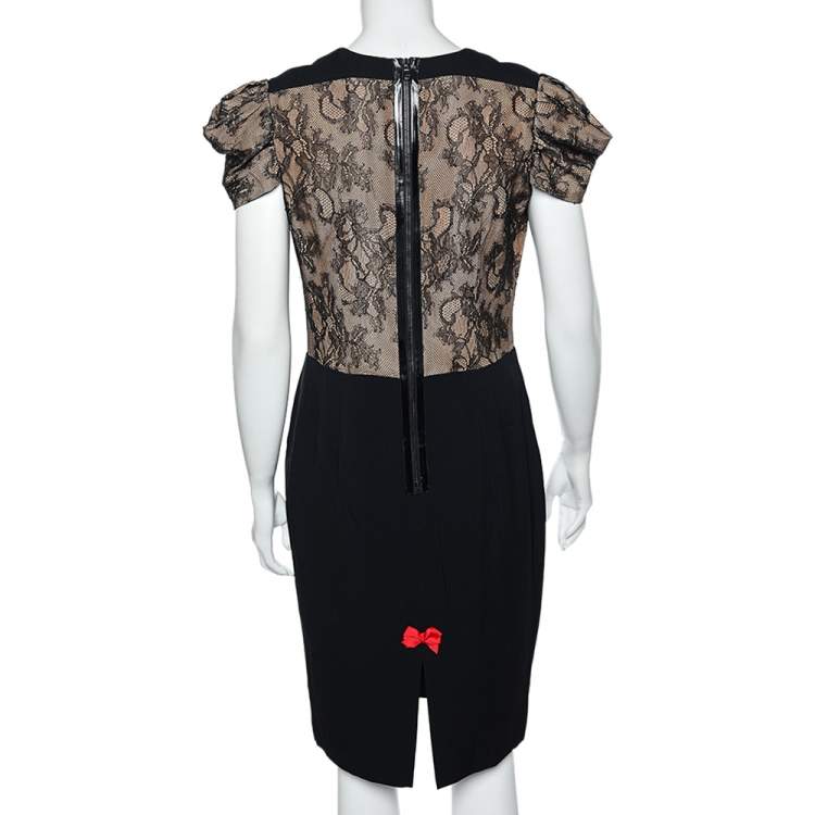 Pre Owned RED Valentino Black Lace & Crepe Paneled Midi Dress L