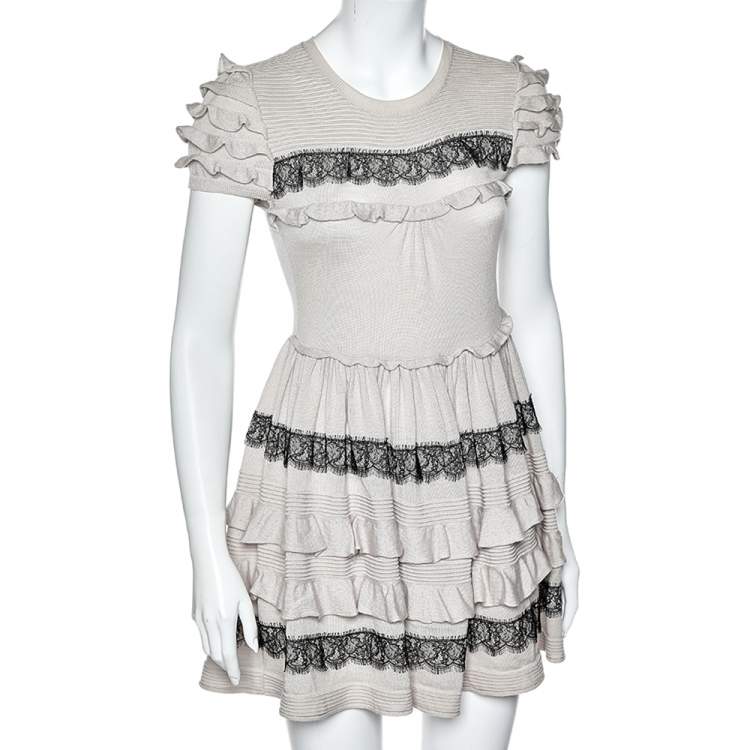 Pre Owned RED Valentino Beige Wool Lace Trim Ruffled Mini Dress M