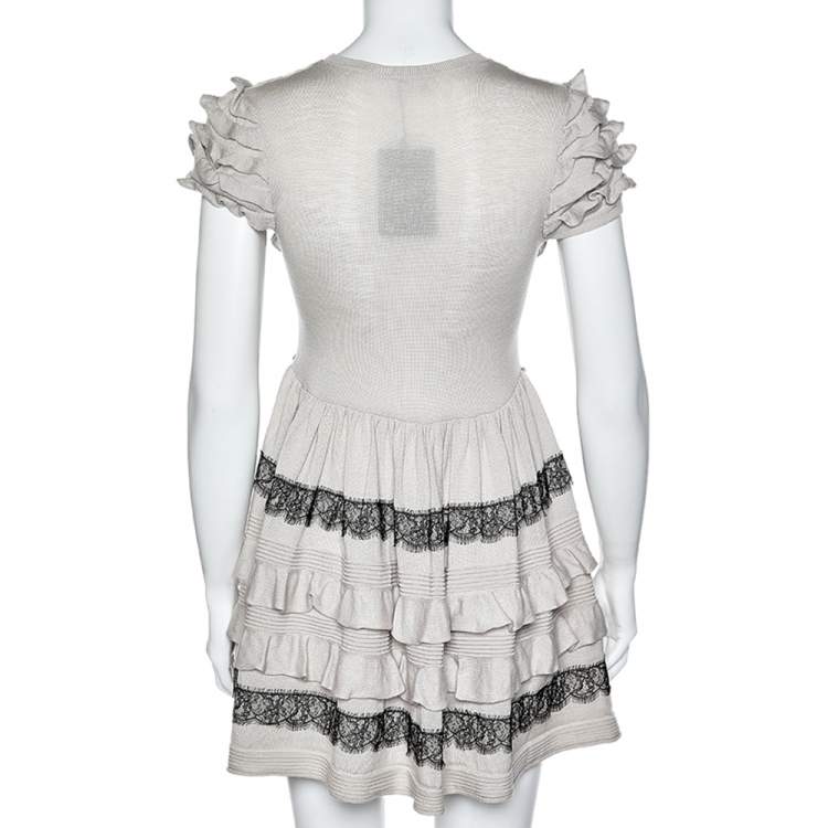 Pre Owned RED Valentino Beige Wool Lace Trim Ruffled Mini Dress M