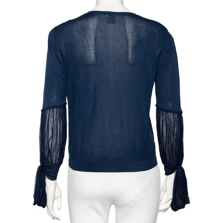 Pre Owned Red Valentino Navy Blue Knit & Chiffon Inset Detailed Long Sleeve Cardigan L