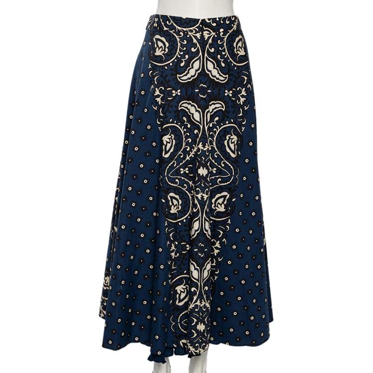 مملوكة مسبقًا RED Valentino Blue Bandana Print Cotton Wrap Detail Midi Skirt M