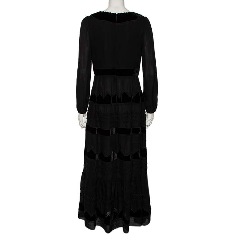 Pre Owned RED Valentino Black Thick Silk & Velvet Inset Detailed Maxi Dress M