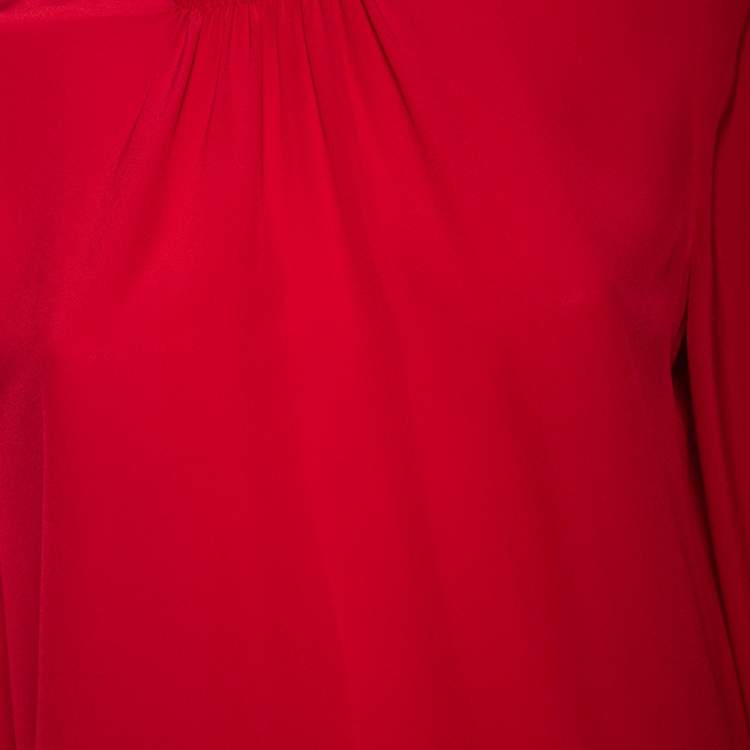 Pre Owned RED Valentino Red Silk Gathered Detail Long Sleeve Blouse M
