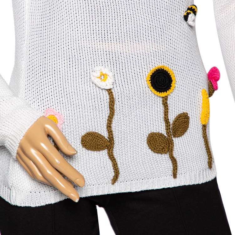 Pre Owned RED Valentino White Cotton Knit Floral Appliqued Long Sleeve Jumper M