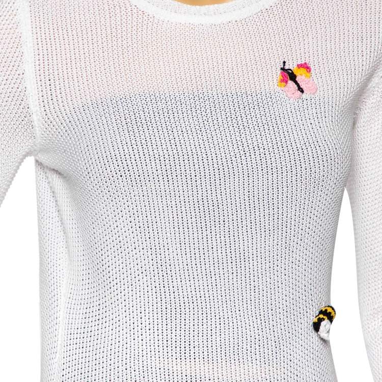Pre Owned RED Valentino White Cotton Knit Floral Appliqued Long Sleeve Jumper M