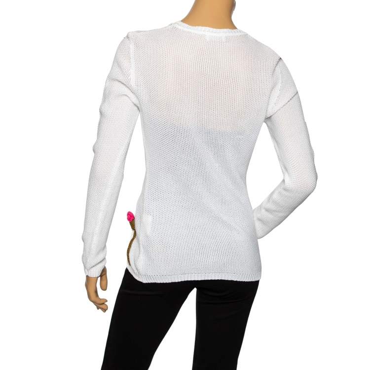 Pre Owned RED Valentino White Cotton Knit Floral Appliqued Long Sleeve Jumper M